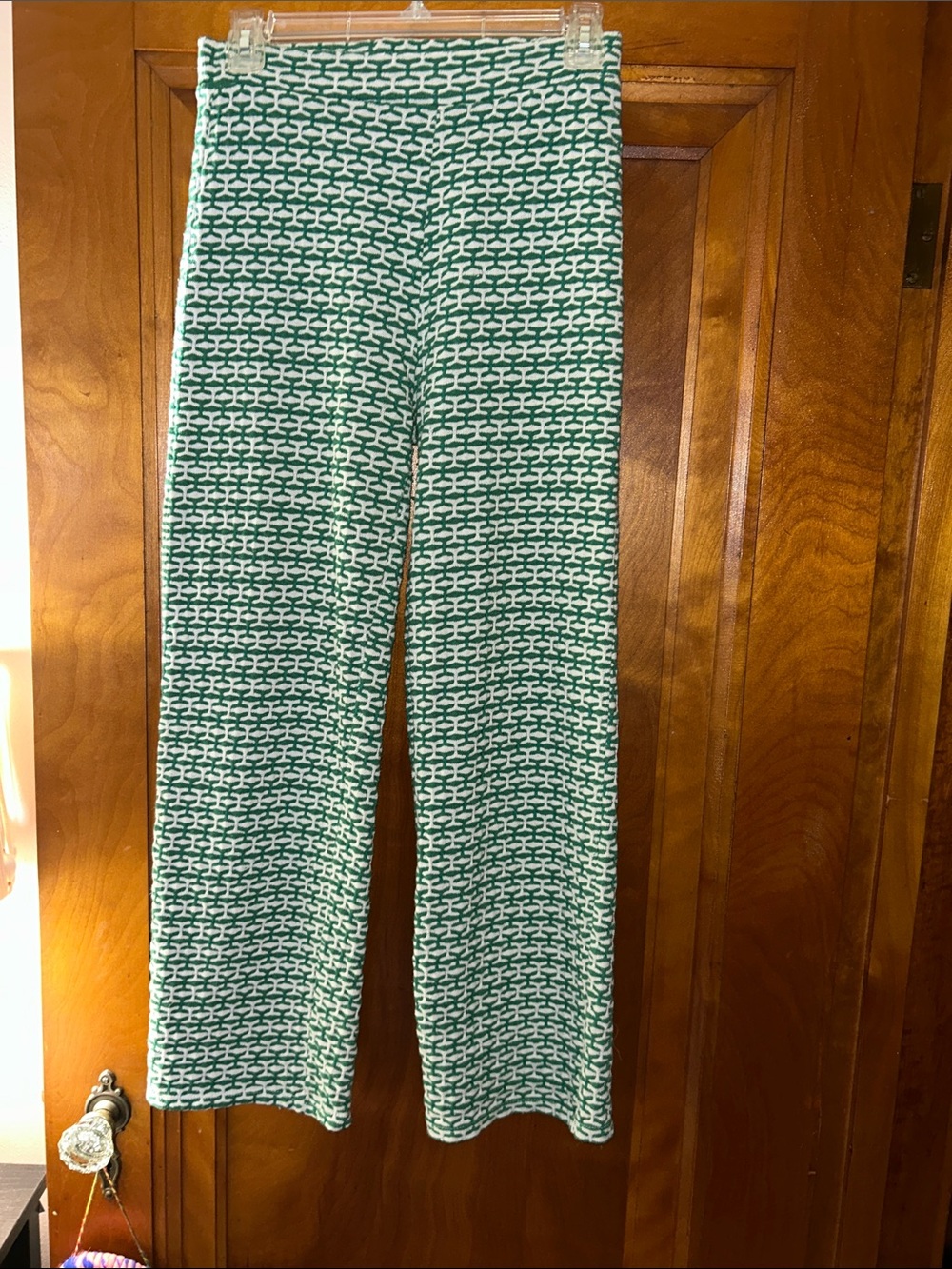 Zara Green & White Geometric Wide-Leg Pants